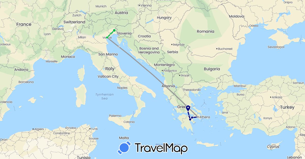 TravelMap itinerary: driving, bus, plane in Greece, Italy (Europe)
